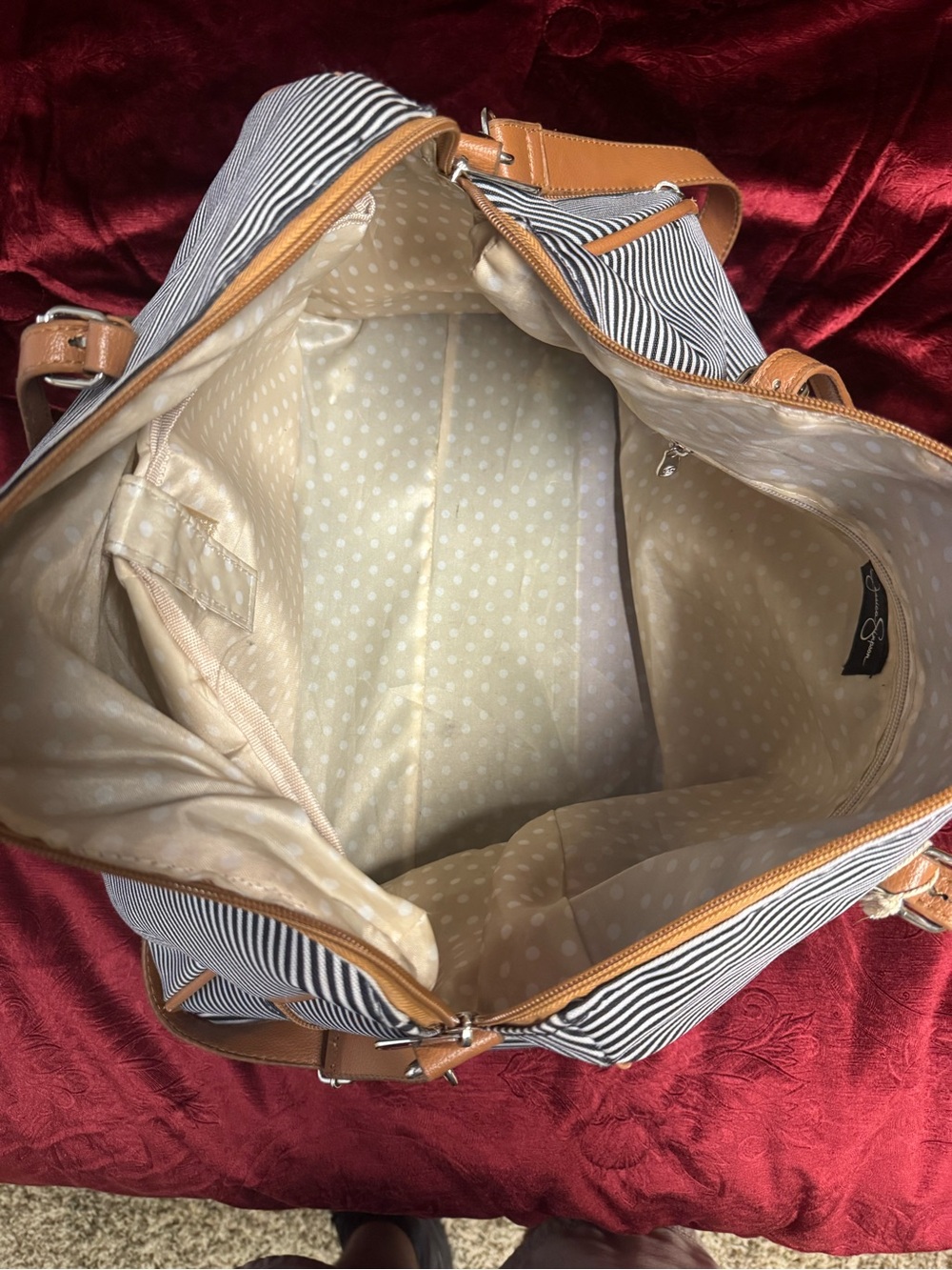 Jessica Simpson Navy and White Striped Weekender bag with Tan Trim - Picture 4 of 6